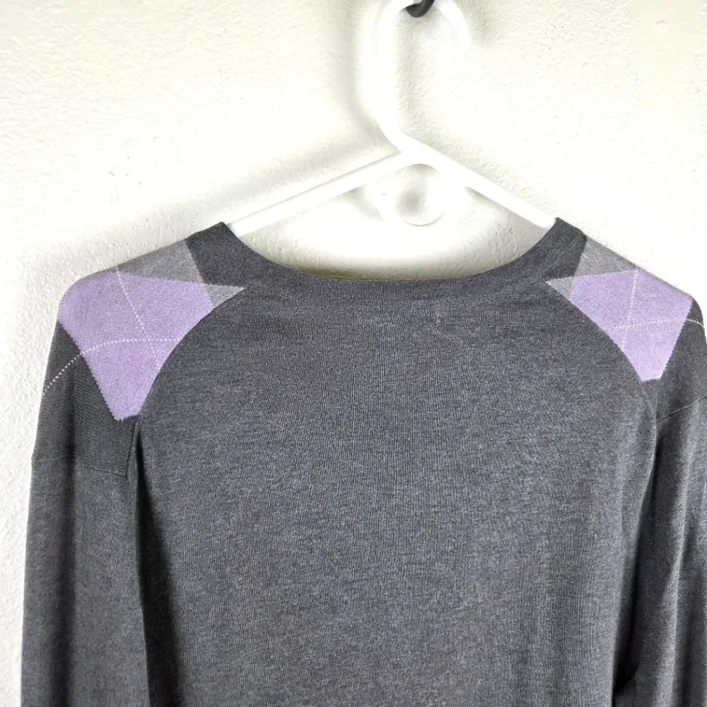 Men's Banana Republic Gray and Purple Argyle Silk Cashmere Blend Sweater SZ Med